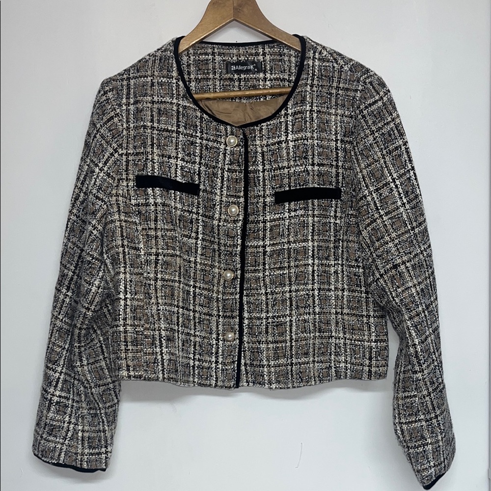 Allegra K Sz XL Women’s Plaid Tweed Pearl-Button Cropped Jacket Blazer